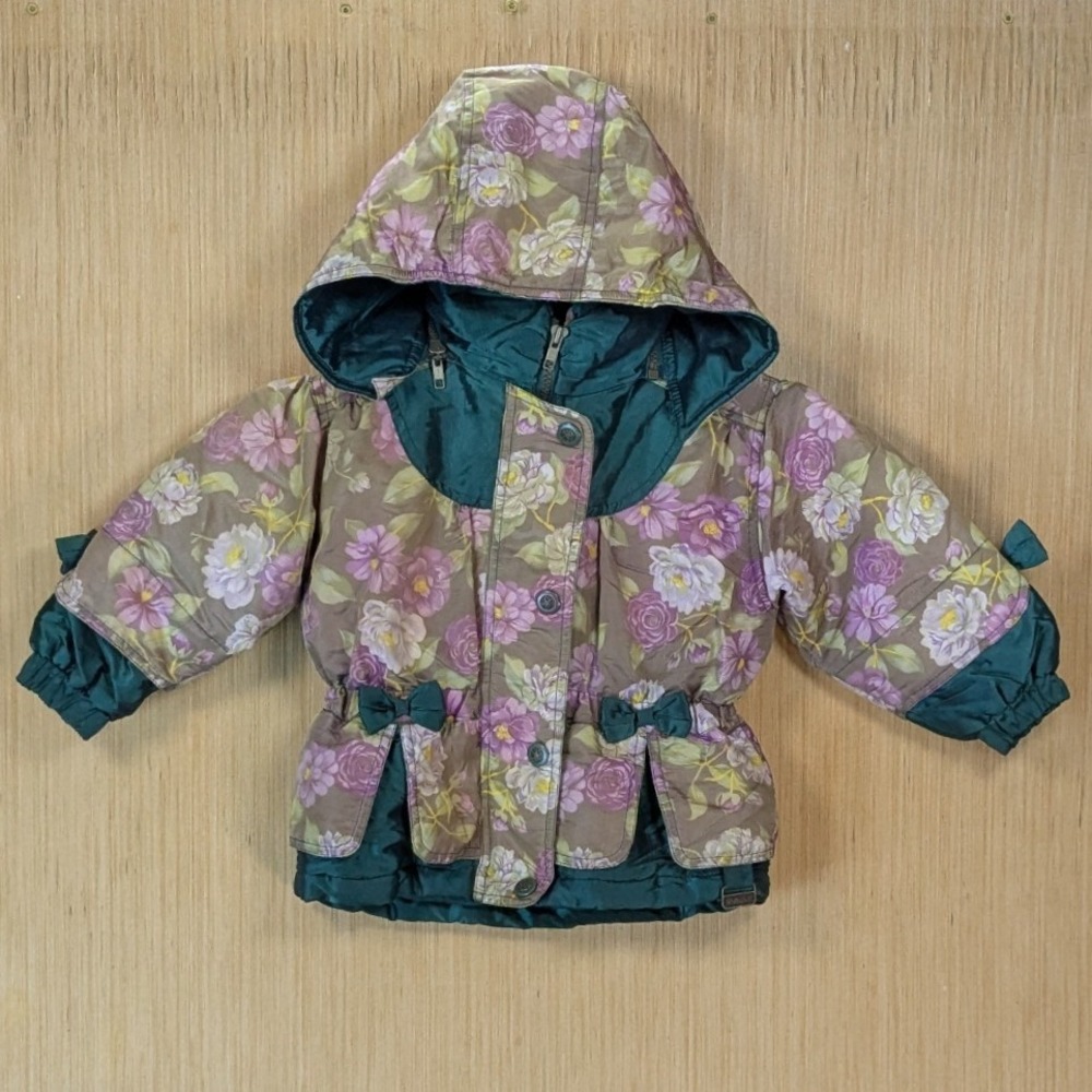 Rothschild Hooded Puffer Jacket Girls XS Floral Green Bows Vintage 80s Retro